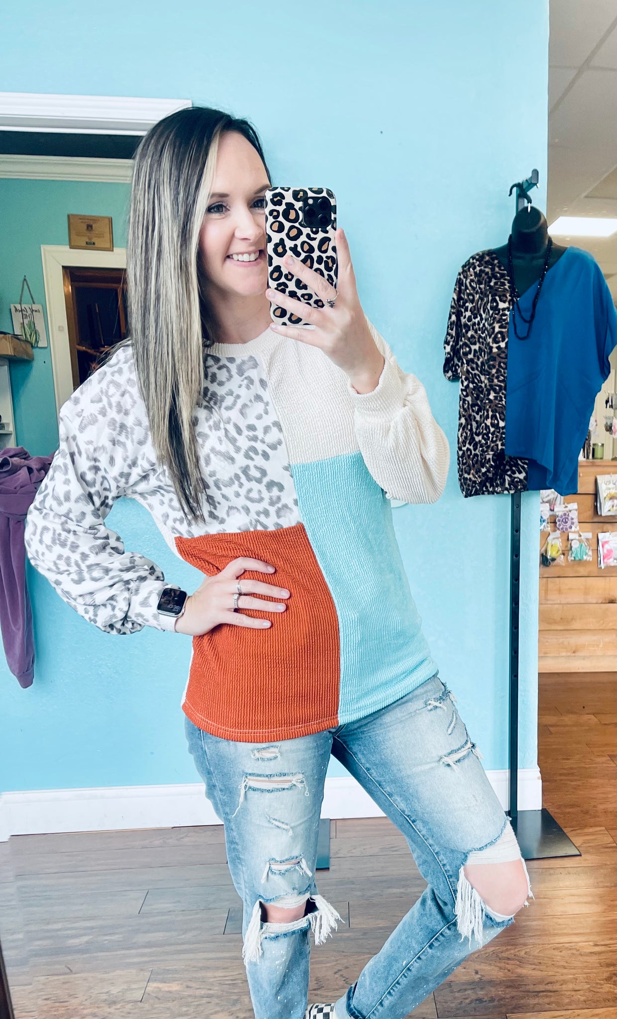 Leopard patchwork colorblock top
