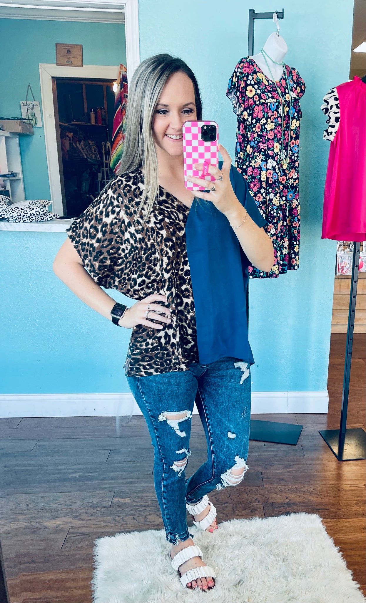 Teal leopard color block v neck top