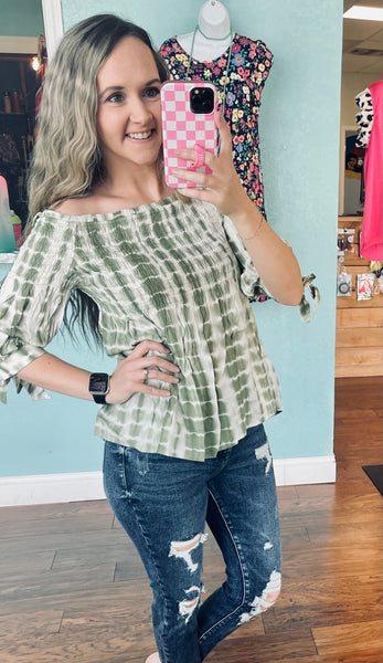 Olive tie dye smocked off the shoulder top