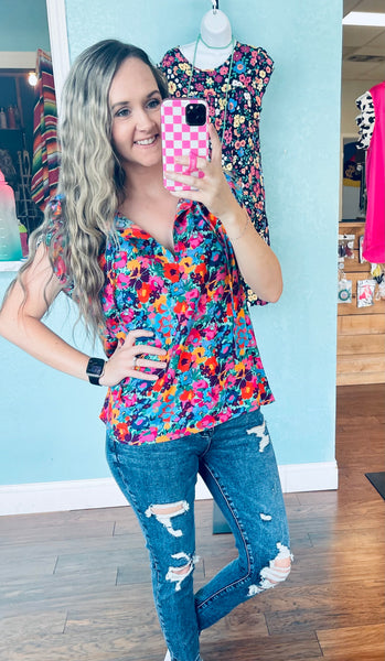 Hot pink & blue floral ruffle sleeve top
