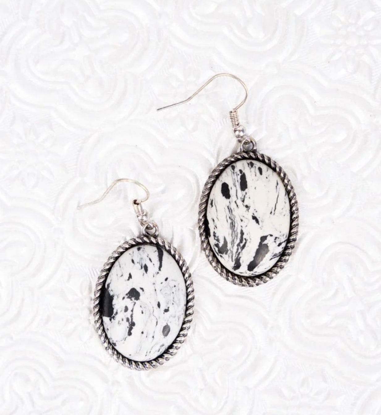 Black and white marbles oval earrings