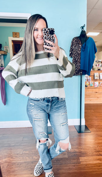 Olive striped cropped sweater