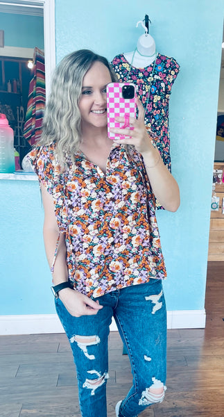 Lavender rust floral ruffle sleeve top
