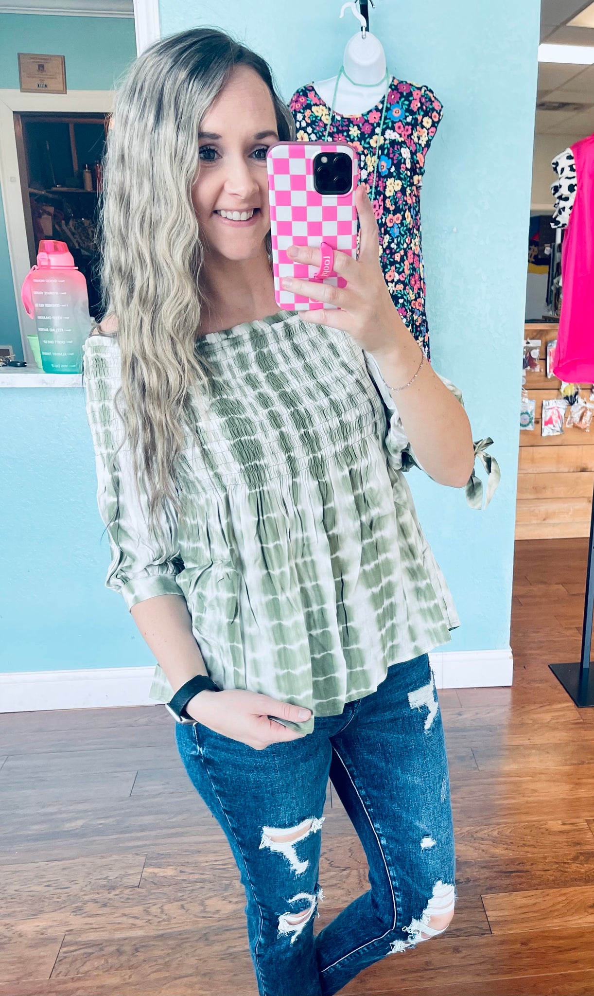 Olive tie dye smocked off the shoulder top