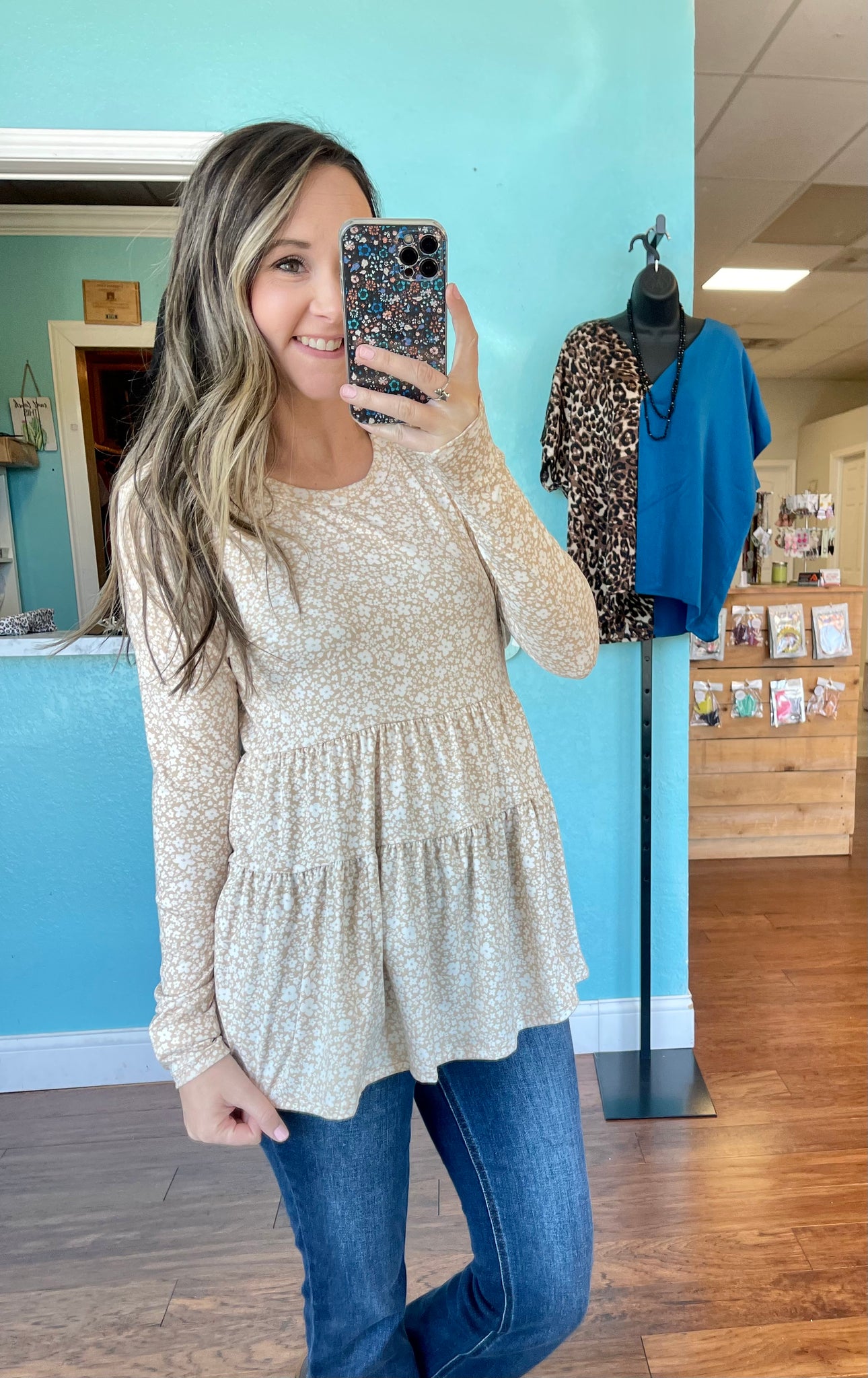 Taupe floral peplum long sleeve top