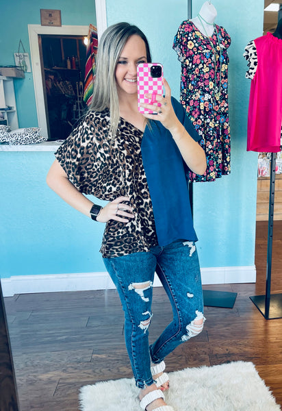 Teal leopard color block v neck top