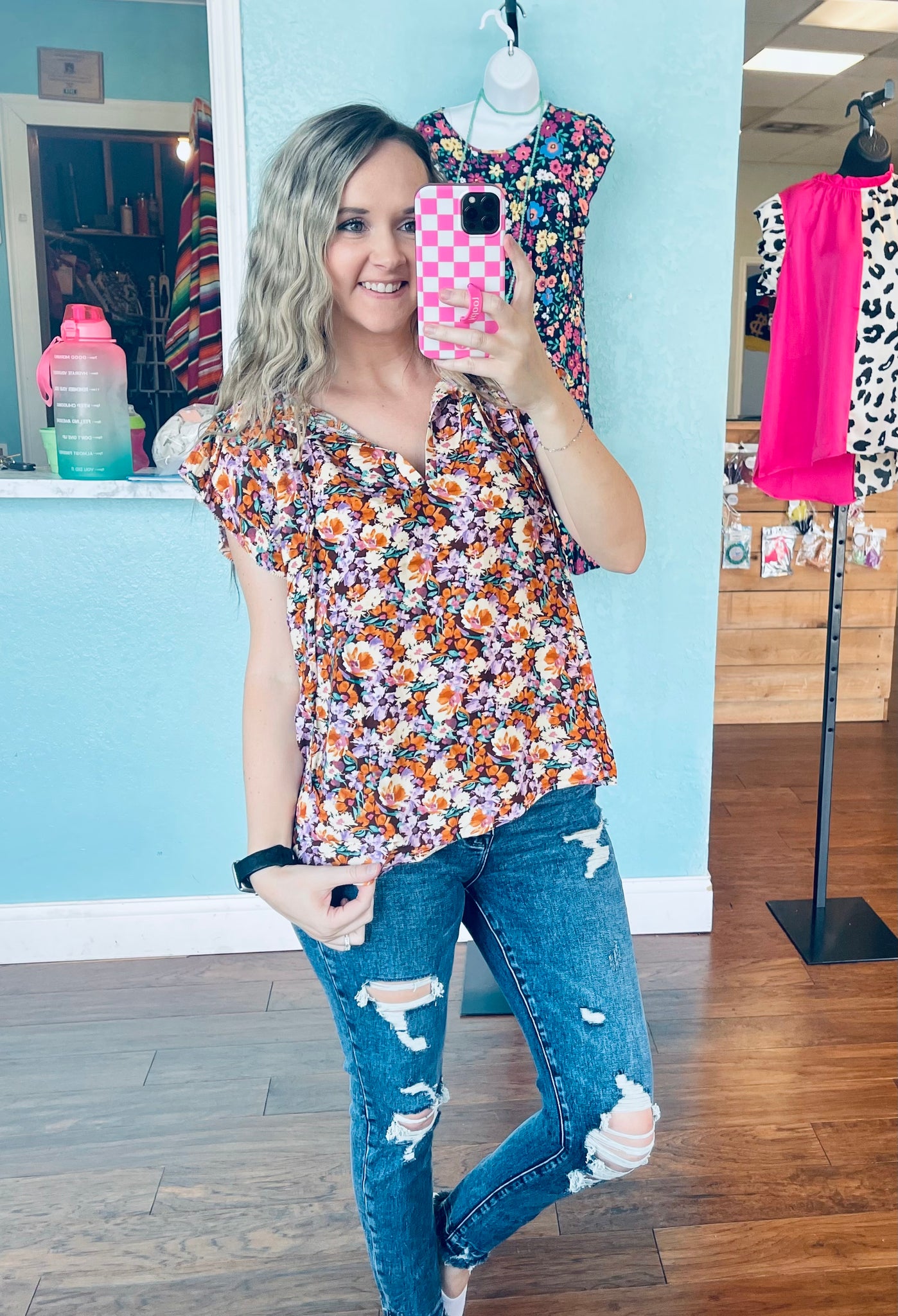 Lavender rust floral ruffle sleeve top