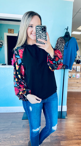 Black embroidered print sleeve top