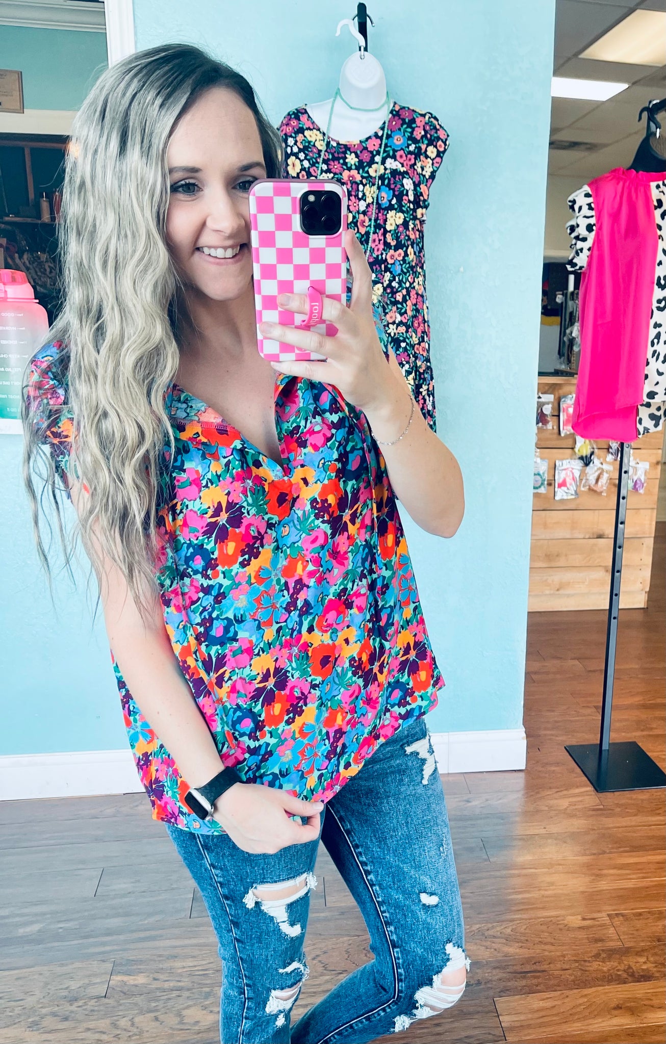 Hot pink & blue floral ruffle sleeve top