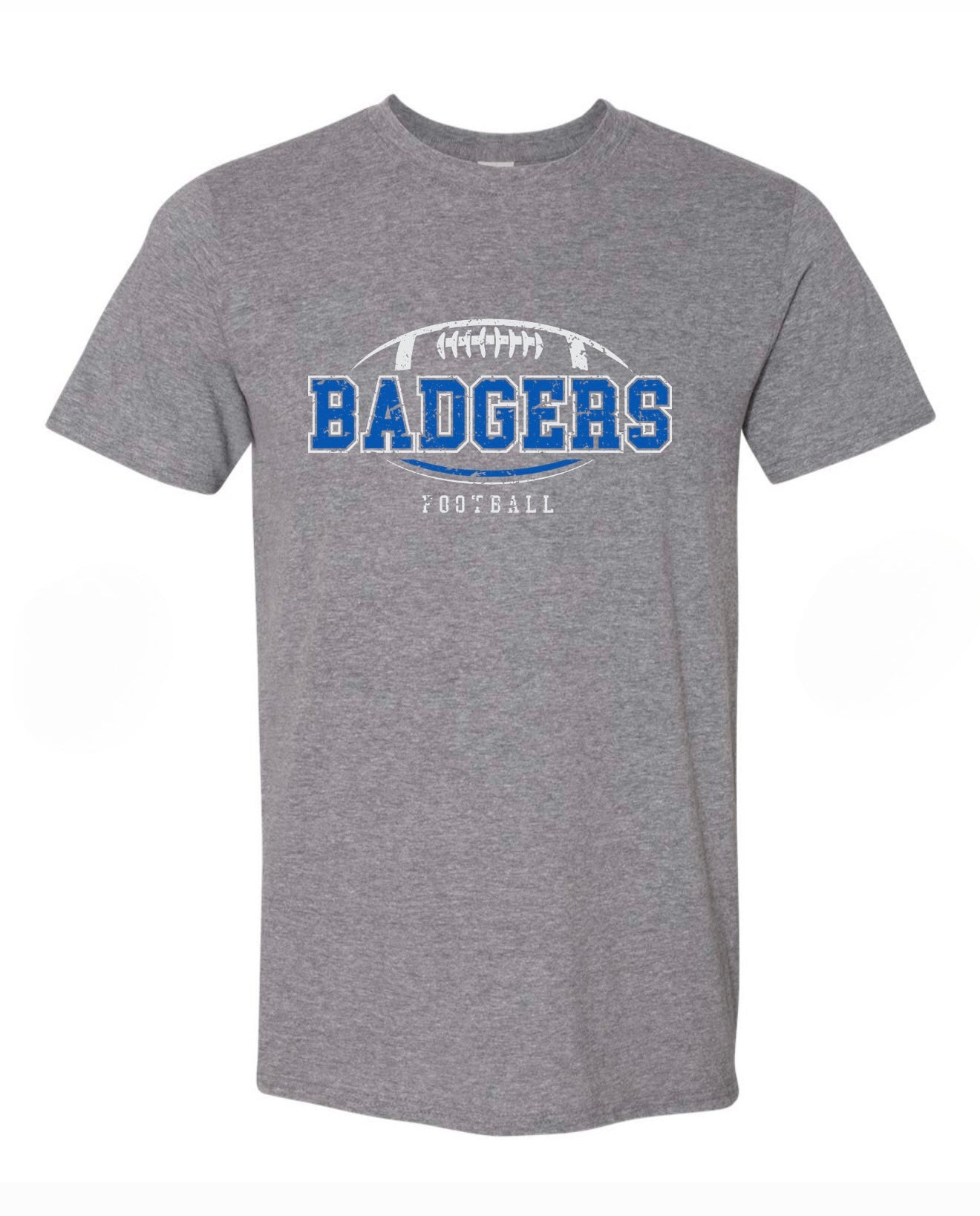 PREORDER BADGERS FOOTBALL DISTRESSED GREY REGULAR TEE