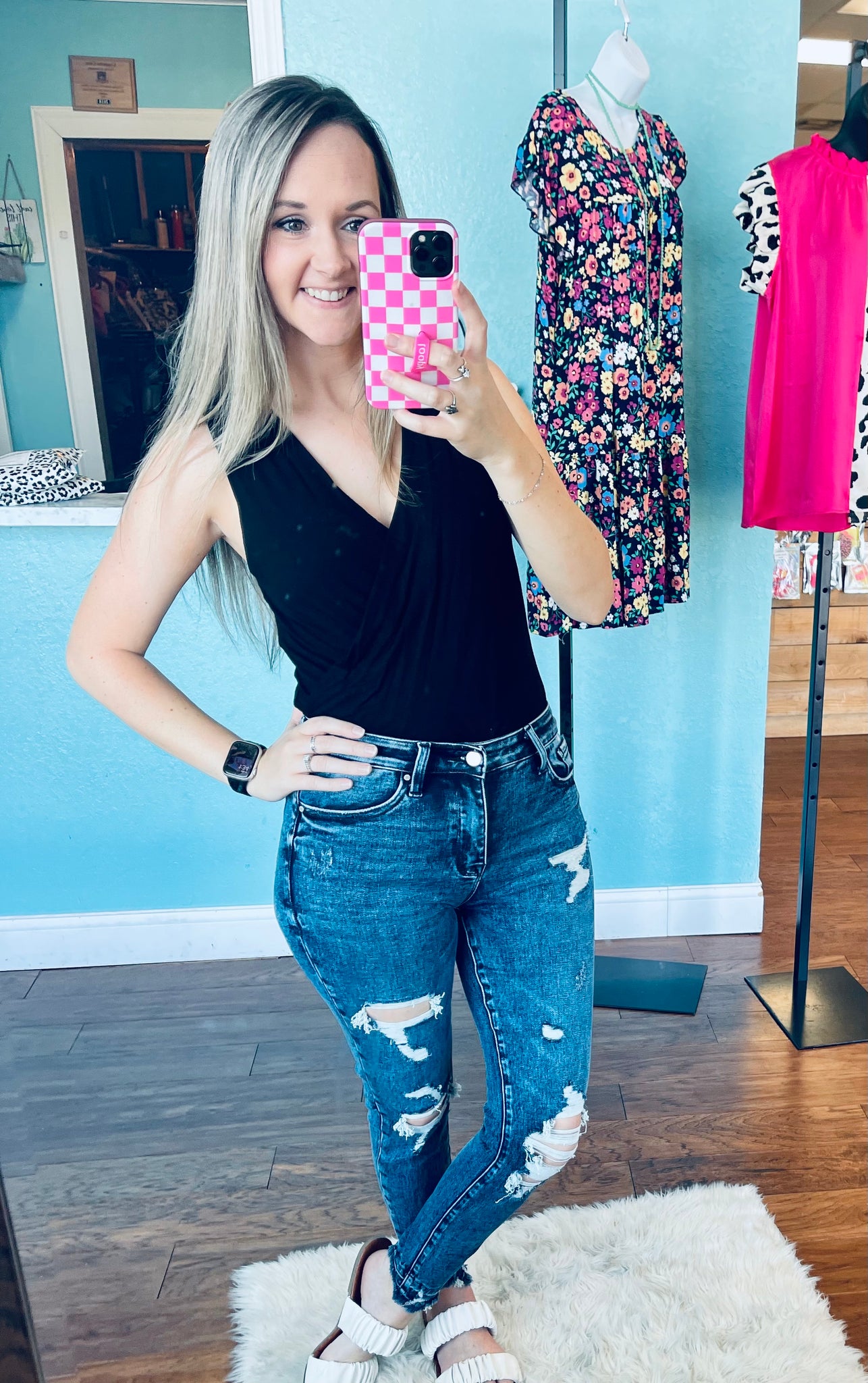 Black surplice tank top bodysuit