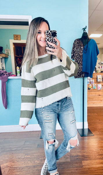Olive striped cropped sweater