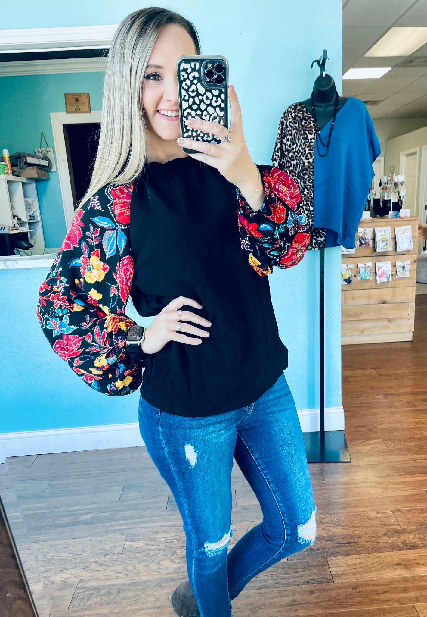 Black embroidered print sleeve top