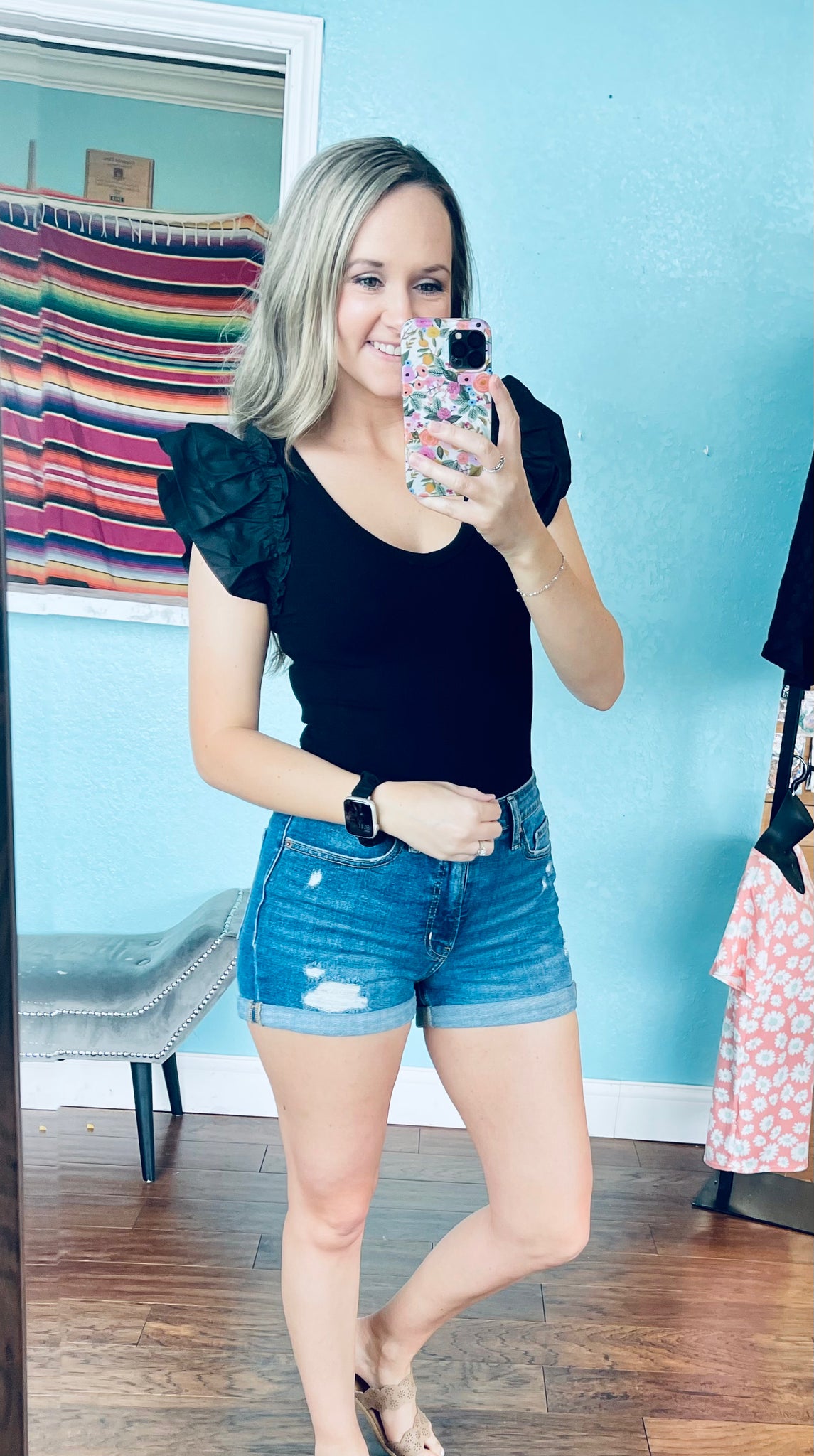 Black ruffle sleeve body suit