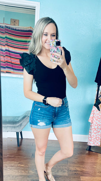 Black ruffle sleeve body suit