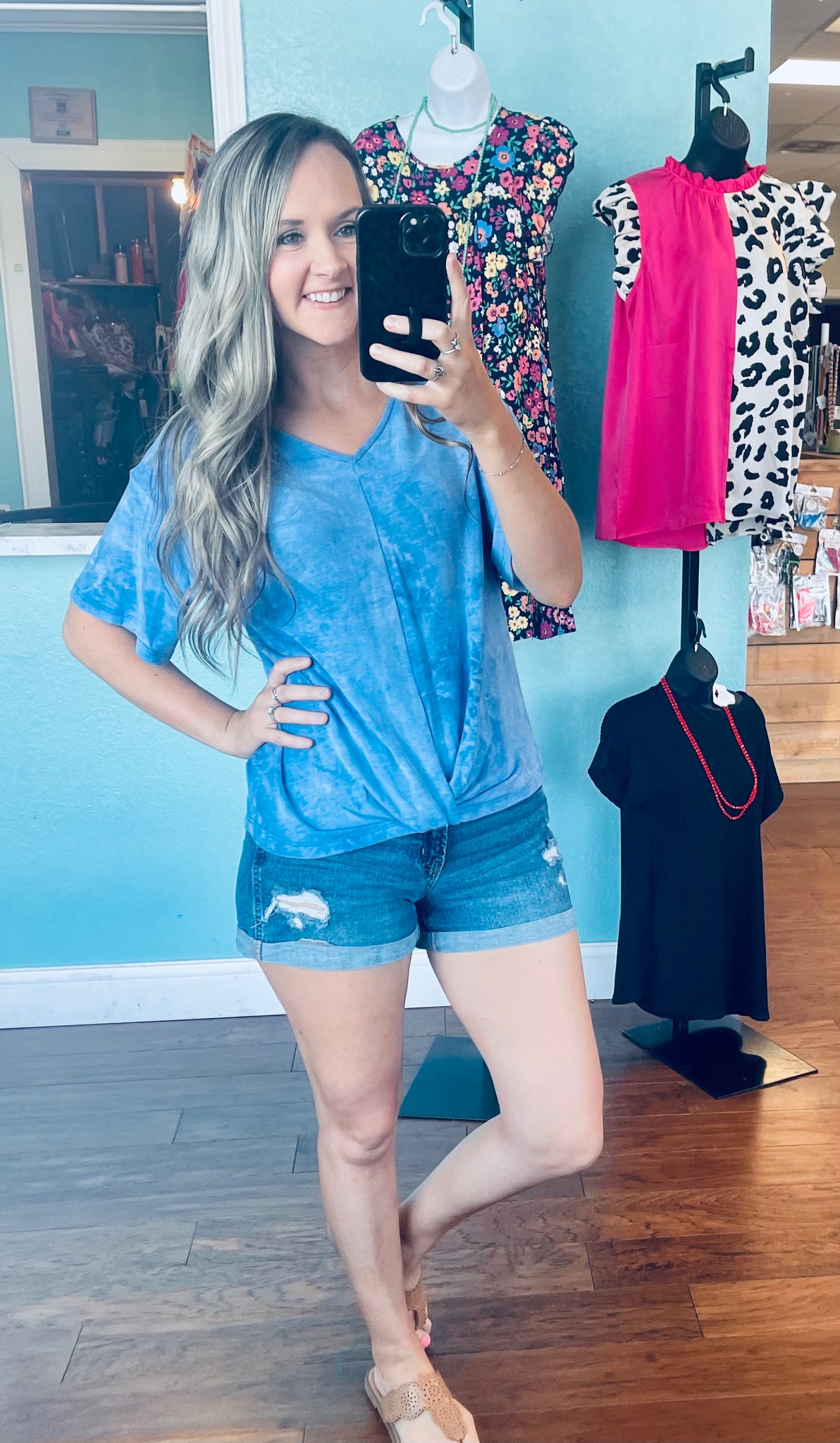 Blue tie dye knotted top