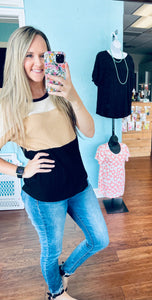 Black tan color block top