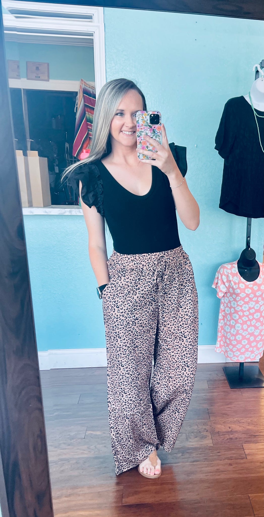 Leopard print drawstring pocket pants