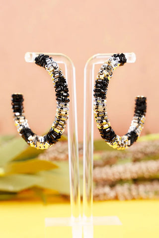 Black seed bead wrapped hoop earrings