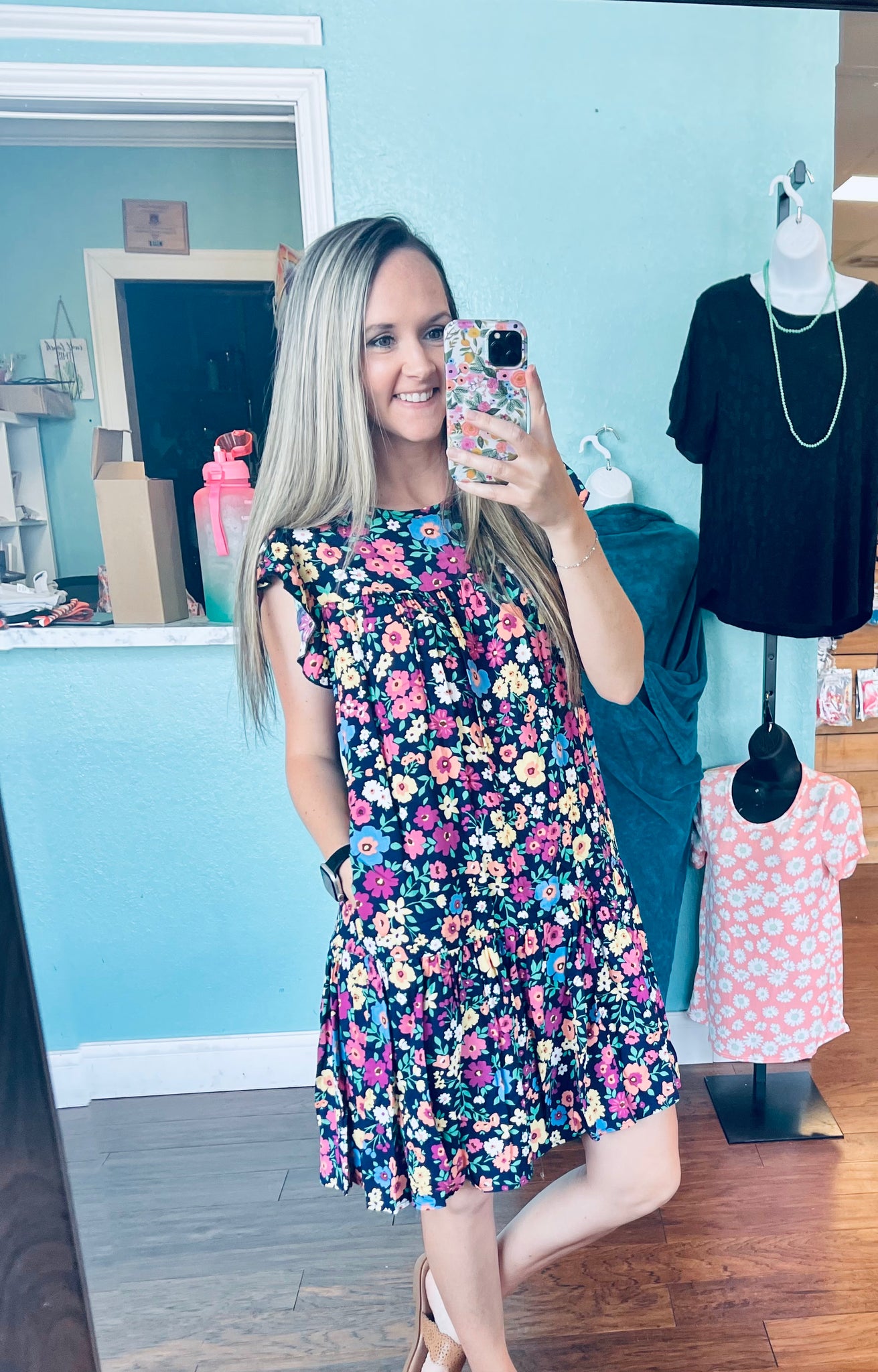 Navy floral pocket dress