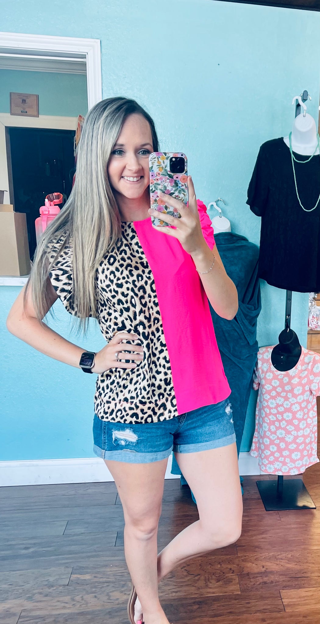 Pink / leopard ruffle shoulder top