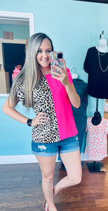 Pink / leopard ruffle shoulder top