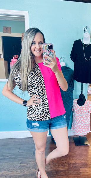 Pink / leopard ruffle shoulder top