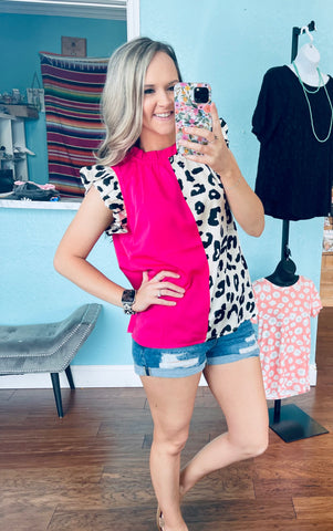 Pink/ leopard ruffle top