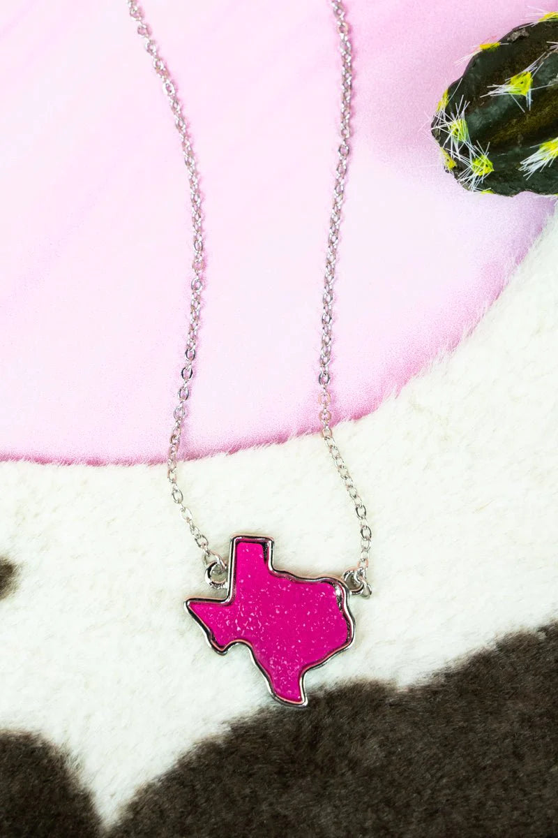 Pink druzy texas silvertone necklace and earrings set