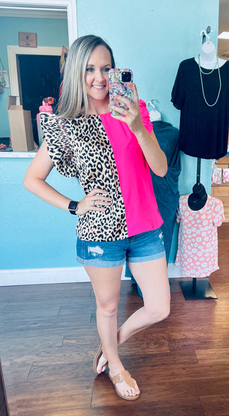 Pink / leopard ruffle shoulder top