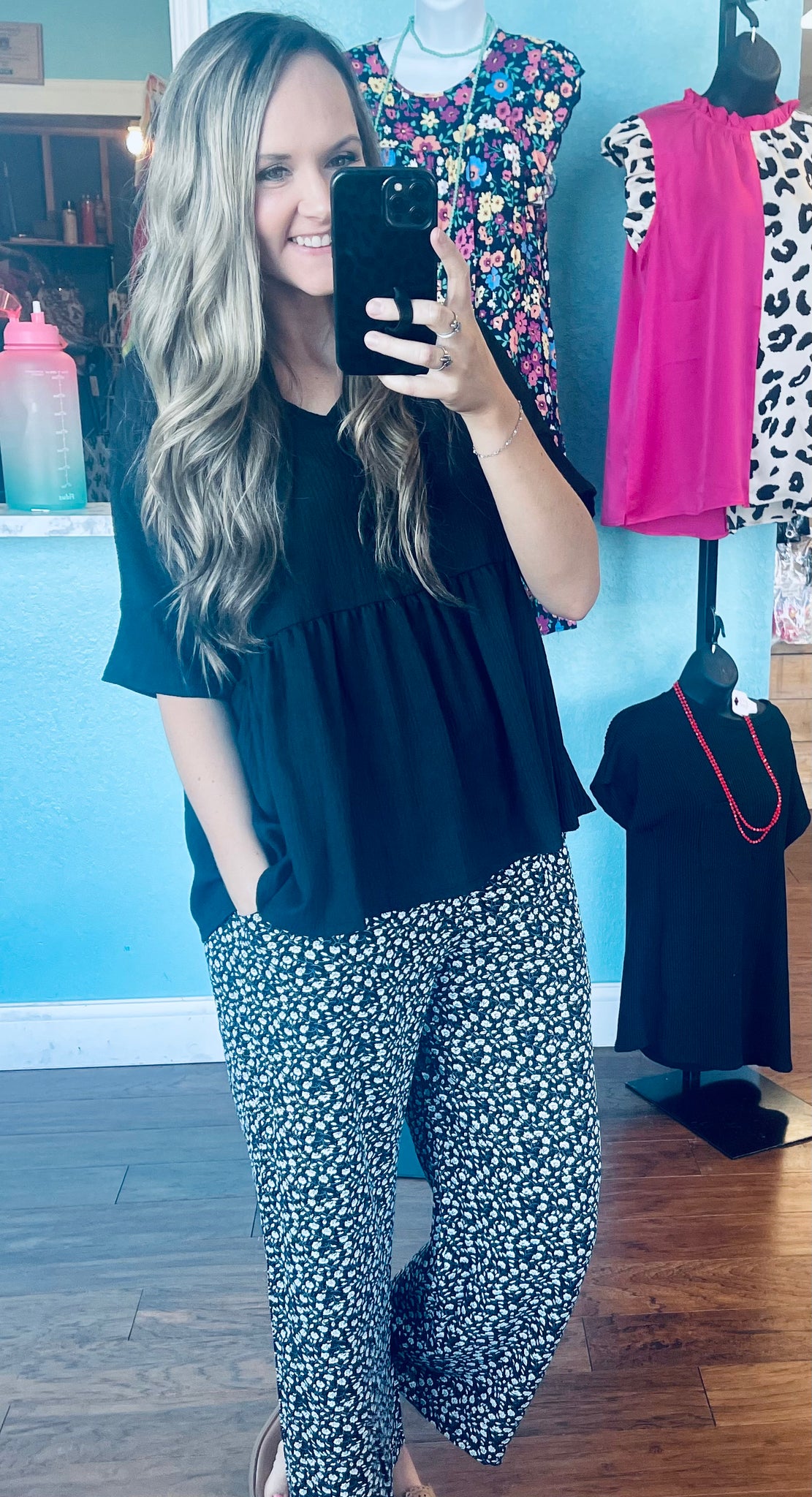 Black floral drawstring pants
