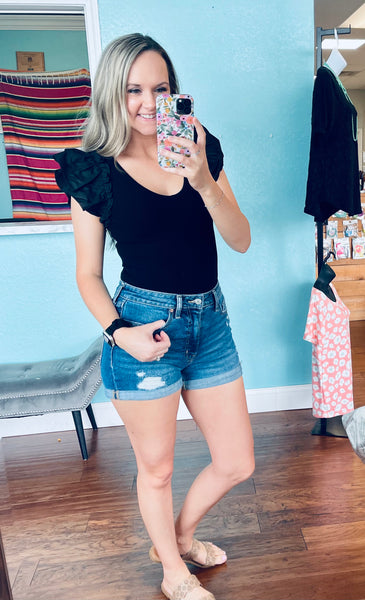 Black ruffle sleeve body suit