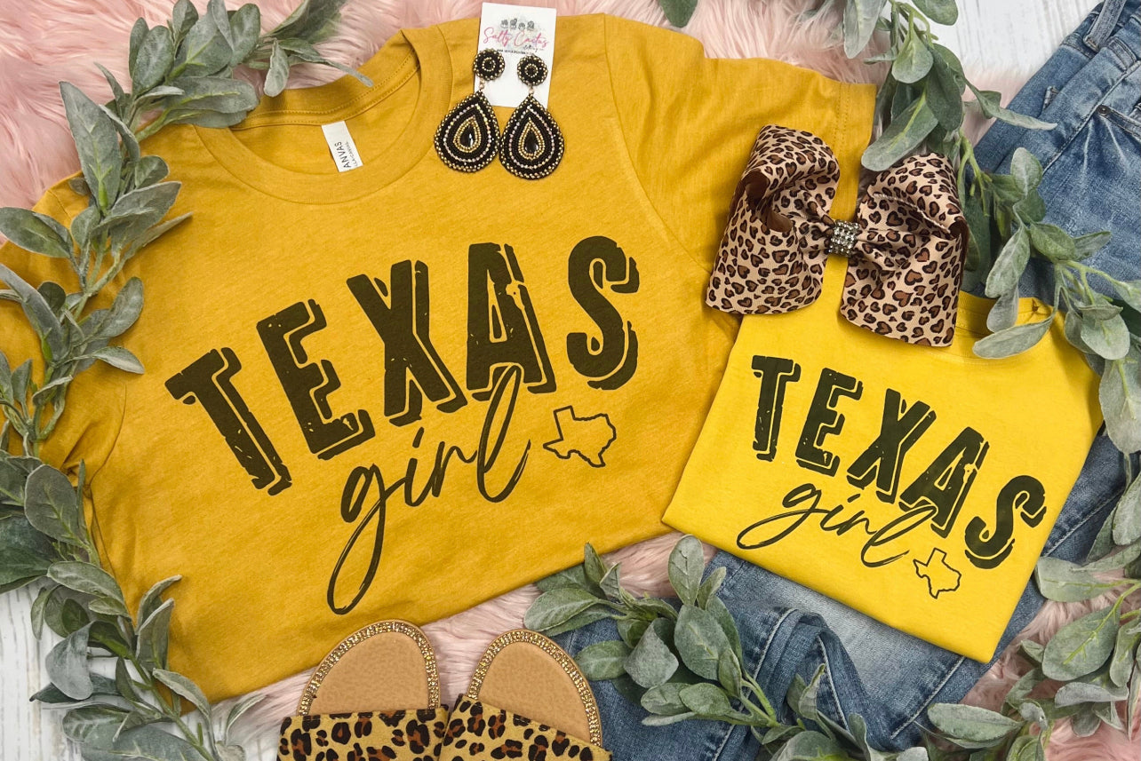 PREORDER MUSTARD TEXAS GIRL KIDS & ADULT T-SHIRT